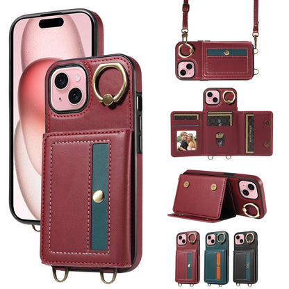 For iPhone 15 Crossbodys Card Bag Ring Holder Leather Phone Case(Red) - iPhone 15 Cases by buy2fix | Online Shopping UK | buy2fix