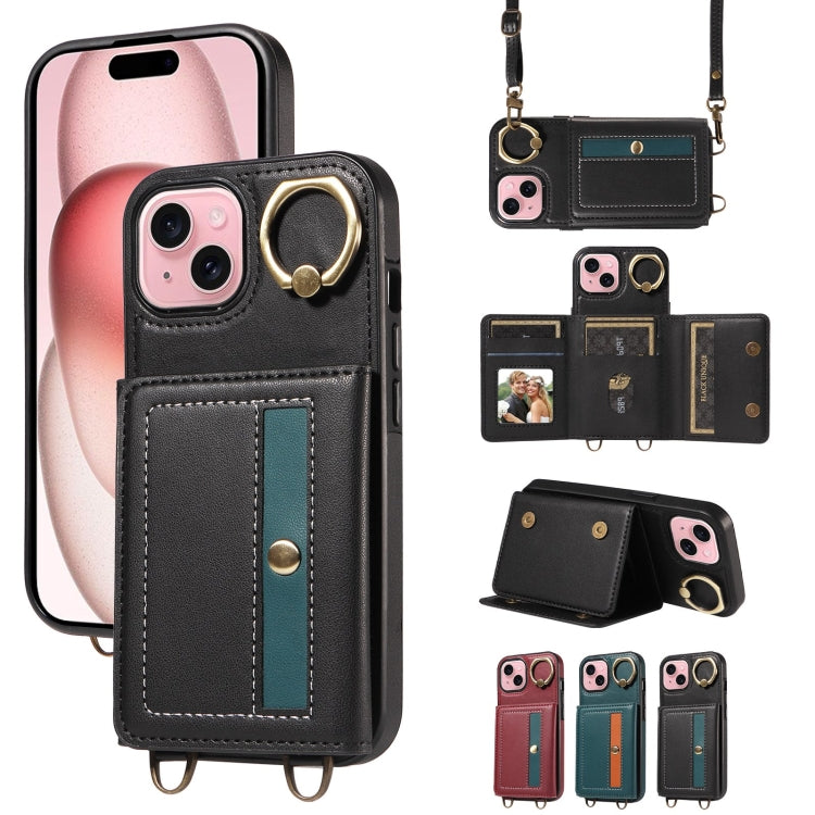 For iPhone 15 Crossbodys Card Bag Ring Holder Leather Phone Case(Black) - iPhone 15 Cases by buy2fix | Online Shopping UK | buy2fix