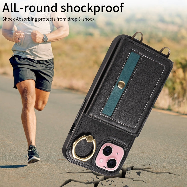 For iPhone 15 Crossbodys Card Bag Ring Holder Leather Phone Case(Black) - iPhone 15 Cases by buy2fix | Online Shopping UK | buy2fix