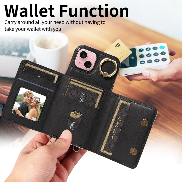 For iPhone 15 Crossbodys Card Bag Ring Holder Leather Phone Case(Black) - iPhone 15 Cases by buy2fix | Online Shopping UK | buy2fix