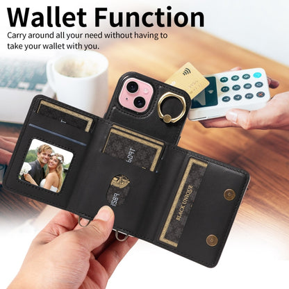 For iPhone 15 Crossbodys Card Bag Ring Holder Leather Phone Case(Black) - iPhone 15 Cases by buy2fix | Online Shopping UK | buy2fix