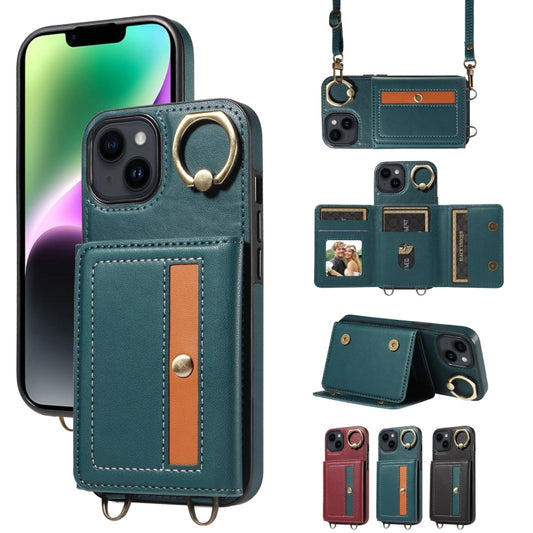 For iPhone 14 Crossbodys Card Bag Ring Holder Leather Phone Case(Green) - iPhone 14 Cases by buy2fix | Online Shopping UK | buy2fix