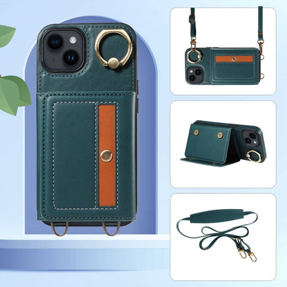 For iPhone 14 Crossbodys Card Bag Ring Holder Leather Phone Case(Green) - iPhone 14 Cases by buy2fix | Online Shopping UK | buy2fix