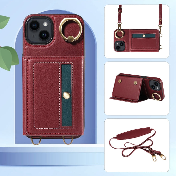 For iPhone 14 Crossbodys Card Bag Ring Holder Leather Phone Case(Red) - iPhone 14 Cases by buy2fix | Online Shopping UK | buy2fix