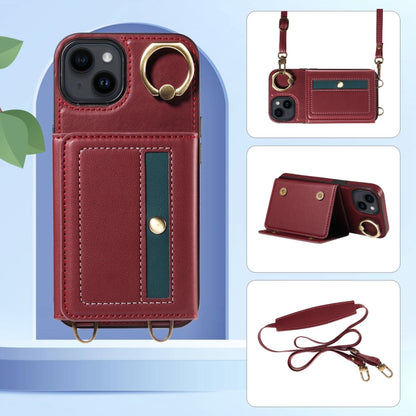 For iPhone 14 Crossbodys Card Bag Ring Holder Leather Phone Case(Red) - iPhone 14 Cases by buy2fix | Online Shopping UK | buy2fix