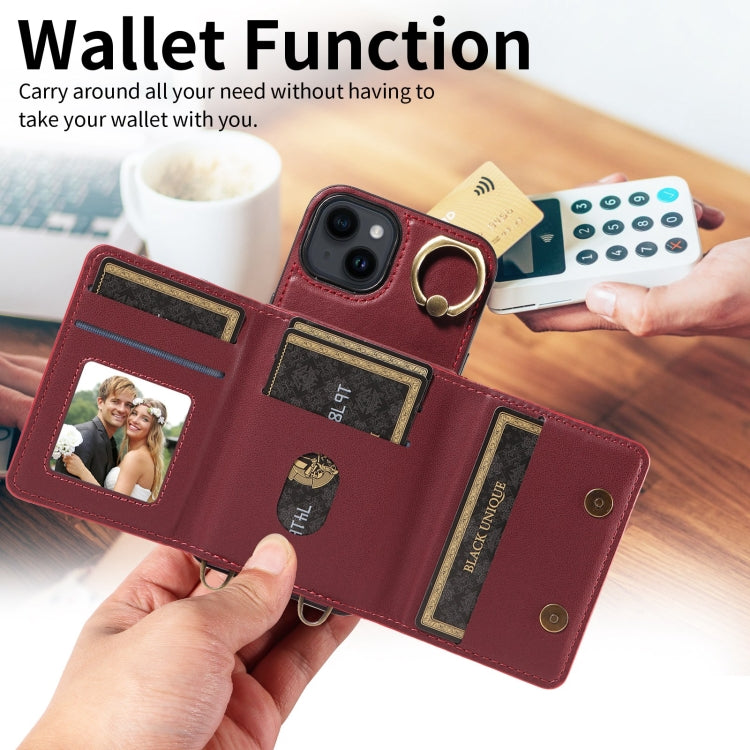 For iPhone 14 Crossbodys Card Bag Ring Holder Leather Phone Case(Red) - iPhone 14 Cases by buy2fix | Online Shopping UK | buy2fix