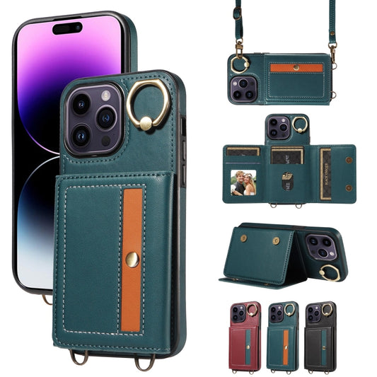For iPhone 14 Pro Crossbodys Card Bag Ring Holder Leather Phone Case(Green) - iPhone 14 Pro Cases by buy2fix | Online Shopping UK | buy2fix