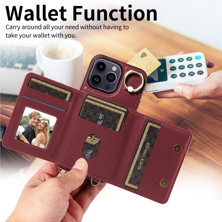 For iPhone 14 Pro Crossbodys Card Bag Ring Holder Leather Phone Case(Red) - iPhone 14 Pro Cases by buy2fix | Online Shopping UK | buy2fix