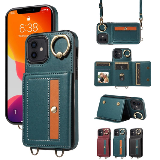 For iPhone 12 / 12 Pro Crossbodys Card Bag Ring Holder Leather Phone Case(Green) - iPhone 12 / 12 Pro Cases by buy2fix | Online Shopping UK | buy2fix