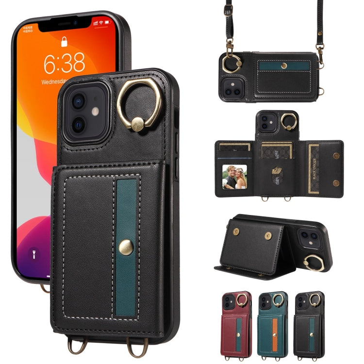 For iPhone 12 / 12 Pro Crossbodys Card Bag Ring Holder Leather Phone Case(Black) - iPhone 12 / 12 Pro Cases by buy2fix | Online Shopping UK | buy2fix