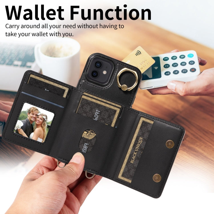 For iPhone 12 / 12 Pro Crossbodys Card Bag Ring Holder Leather Phone Case(Black) - iPhone 12 / 12 Pro Cases by buy2fix | Online Shopping UK | buy2fix