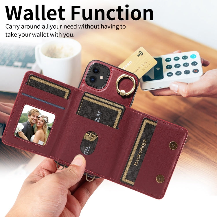 For iPhone 11 Crossbodys Card Bag Ring Holder Leather Phone Case(Red) - iPhone 11 Cases by buy2fix | Online Shopping UK | buy2fix