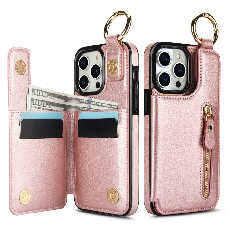 For iPhone 15 Pro Max Litchi Texture Zipper Double Buckle Card Bag Phone Case(Rose Gold) - iPhone 15 Pro Max Cases by buy2fix | Online Shopping UK | buy2fix