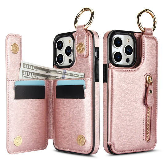 For iPhone 15 Pro Max Litchi Texture Zipper Double Buckle Card Bag Phone Case(Rose Gold) - iPhone 15 Pro Max Cases by buy2fix | Online Shopping UK | buy2fix