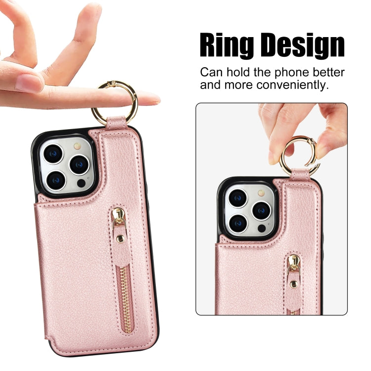 For iPhone 15 Pro Max Litchi Texture Zipper Double Buckle Card Bag Phone Case(Rose Gold) - iPhone 15 Pro Max Cases by buy2fix | Online Shopping UK | buy2fix