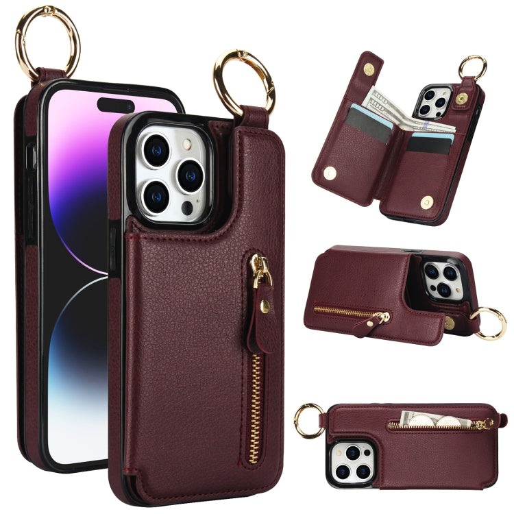 For iPhone 15 Pro Max Litchi Texture Zipper Double Buckle Card Bag Phone Case(Maroon Red) - iPhone 15 Pro Max Cases by buy2fix | Online Shopping UK | buy2fix