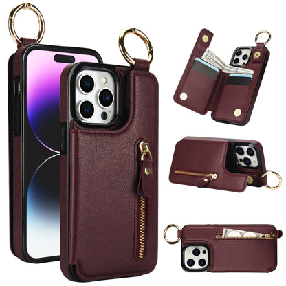 For iPhone 15 Pro Max Litchi Texture Zipper Double Buckle Card Bag Phone Case(Maroon Red) - iPhone 15 Pro Max Cases by buy2fix | Online Shopping UK | buy2fix