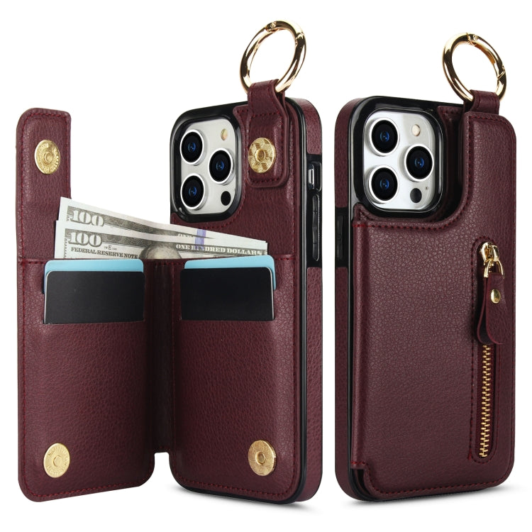 For iPhone 15 Pro Max Litchi Texture Zipper Double Buckle Card Bag Phone Case(Maroon Red) - iPhone 15 Pro Max Cases by buy2fix | Online Shopping UK | buy2fix