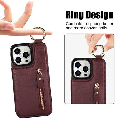 For iPhone 15 Pro Max Litchi Texture Zipper Double Buckle Card Bag Phone Case(Maroon Red) - iPhone 15 Pro Max Cases by buy2fix | Online Shopping UK | buy2fix