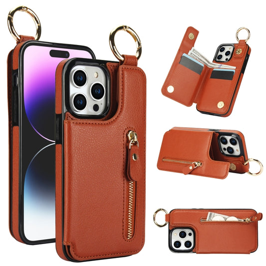 For iPhone 15 Pro Litchi Texture Zipper Double Buckle Card Bag Phone Case(Brown) - iPhone 15 Pro Cases by buy2fix | Online Shopping UK | buy2fix