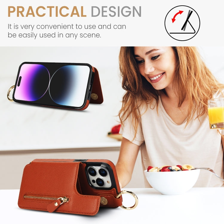 For iPhone 15 Pro Litchi Texture Zipper Double Buckle Card Bag Phone Case(Brown) - iPhone 15 Pro Cases by buy2fix | Online Shopping UK | buy2fix