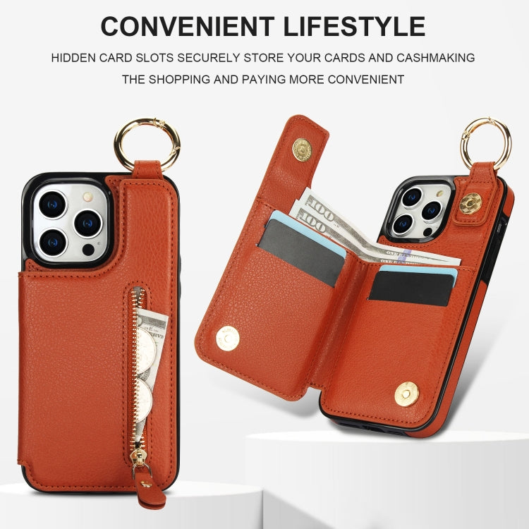 For iPhone 15 Pro Litchi Texture Zipper Double Buckle Card Bag Phone Case(Brown) - iPhone 15 Pro Cases by buy2fix | Online Shopping UK | buy2fix