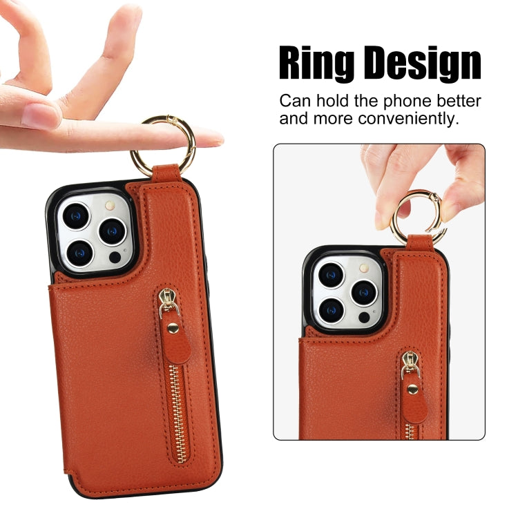 For iPhone 15 Pro Litchi Texture Zipper Double Buckle Card Bag Phone Case(Brown) - iPhone 15 Pro Cases by buy2fix | Online Shopping UK | buy2fix