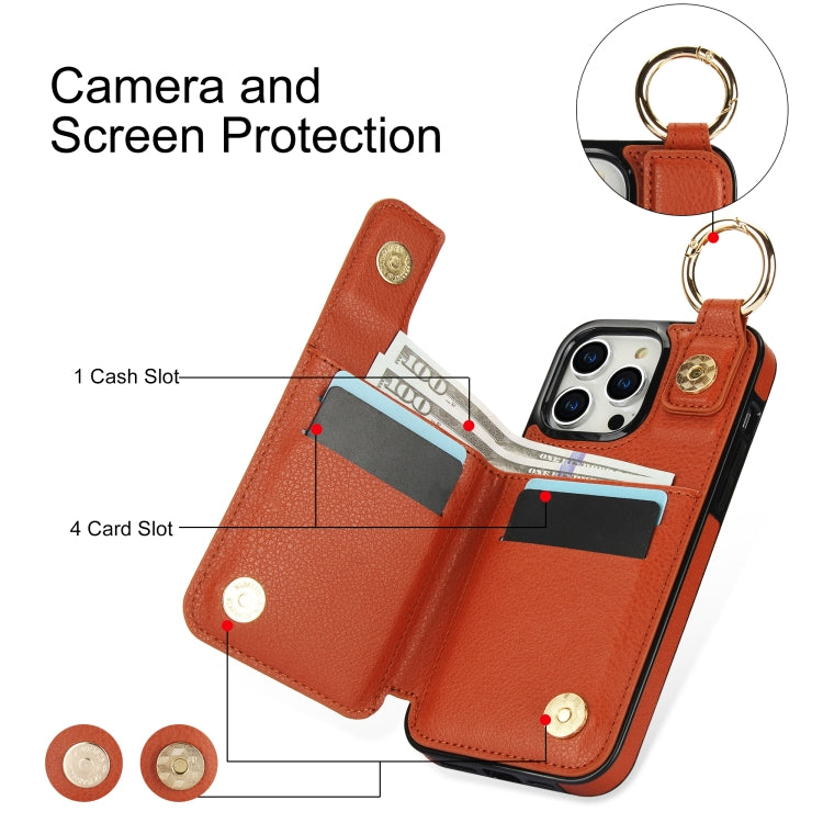 For iPhone 15 Pro Litchi Texture Zipper Double Buckle Card Bag Phone Case(Brown) - iPhone 15 Pro Cases by buy2fix | Online Shopping UK | buy2fix