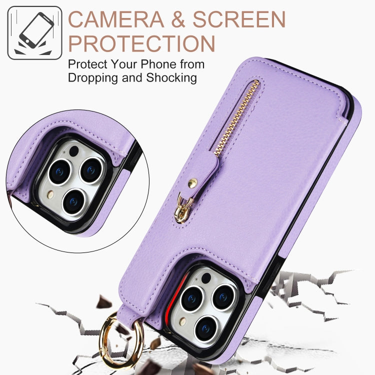 For iPhone 15 Pro Litchi Texture Zipper Double Buckle Card Bag Phone Case(Purple) - iPhone 15 Pro Cases by buy2fix | Online Shopping UK | buy2fix