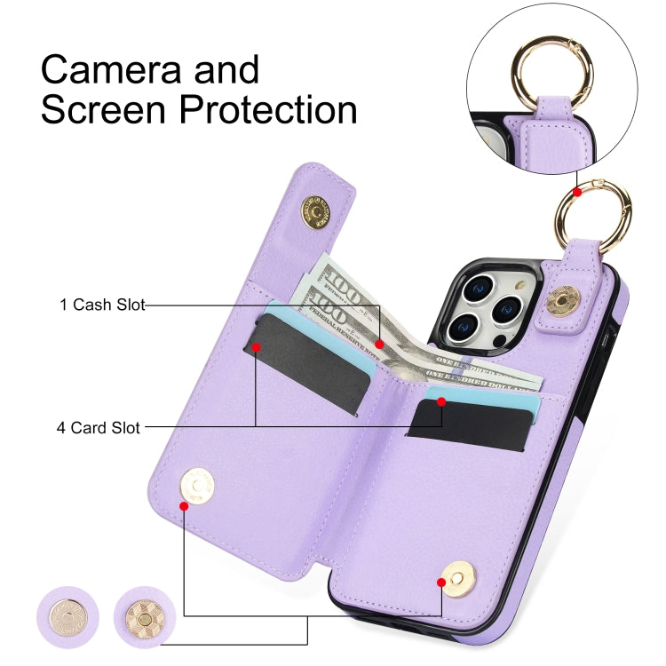 For iPhone 15 Pro Litchi Texture Zipper Double Buckle Card Bag Phone Case(Purple) - iPhone 15 Pro Cases by buy2fix | Online Shopping UK | buy2fix
