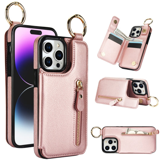 For iPhone 15 Pro Litchi Texture Zipper Double Buckle Card Bag Phone Case(Rose Gold) - iPhone 15 Pro Cases by buy2fix | Online Shopping UK | buy2fix