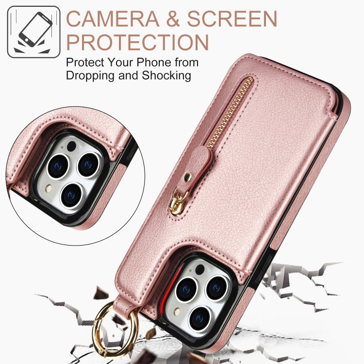 For iPhone 15 Pro Litchi Texture Zipper Double Buckle Card Bag Phone Case(Rose Gold) - iPhone 15 Pro Cases by buy2fix | Online Shopping UK | buy2fix