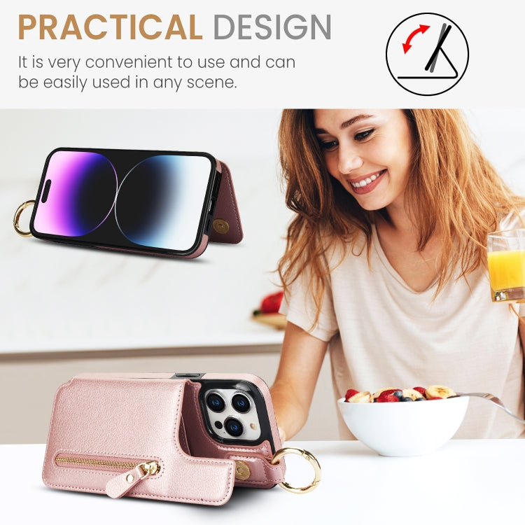 For iPhone 15 Pro Litchi Texture Zipper Double Buckle Card Bag Phone Case(Rose Gold) - iPhone 15 Pro Cases by buy2fix | Online Shopping UK | buy2fix