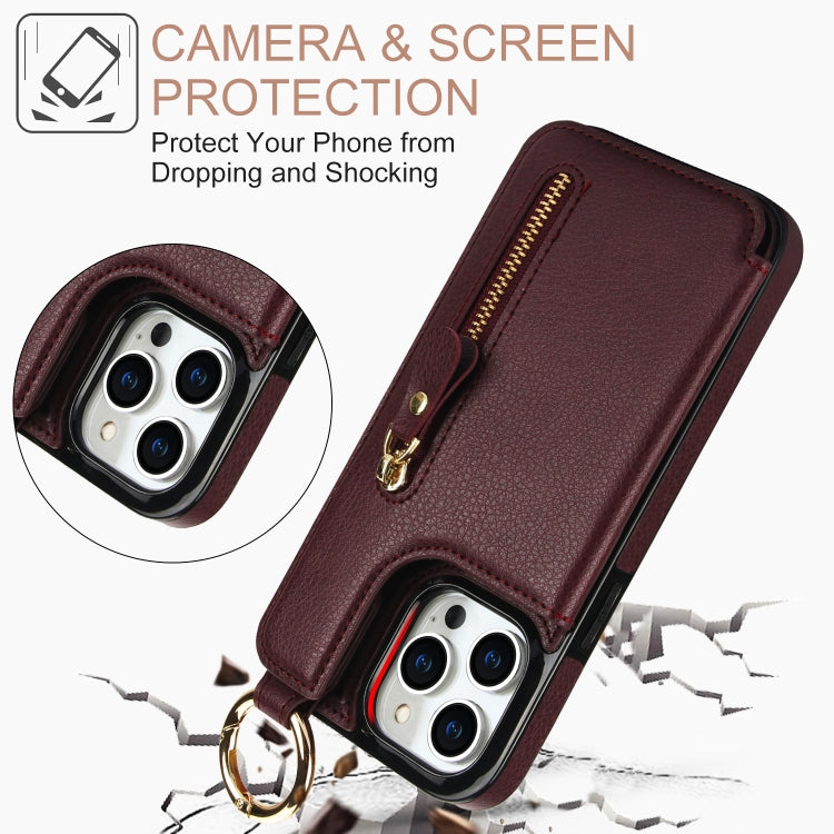 For iPhone 15 Pro Litchi Texture Zipper Double Buckle Card Bag Phone Case(Maroon Red) - iPhone 15 Pro Cases by buy2fix | Online Shopping UK | buy2fix