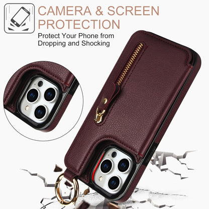 For iPhone 15 Pro Litchi Texture Zipper Double Buckle Card Bag Phone Case(Maroon Red) - iPhone 15 Pro Cases by buy2fix | Online Shopping UK | buy2fix