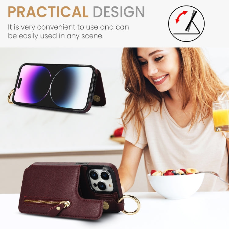 For iPhone 15 Pro Litchi Texture Zipper Double Buckle Card Bag Phone Case(Maroon Red) - iPhone 15 Pro Cases by buy2fix | Online Shopping UK | buy2fix