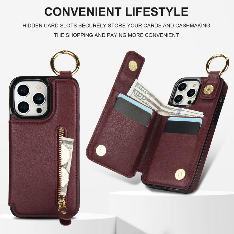 For iPhone 15 Pro Litchi Texture Zipper Double Buckle Card Bag Phone Case(Maroon Red) - iPhone 15 Pro Cases by buy2fix | Online Shopping UK | buy2fix
