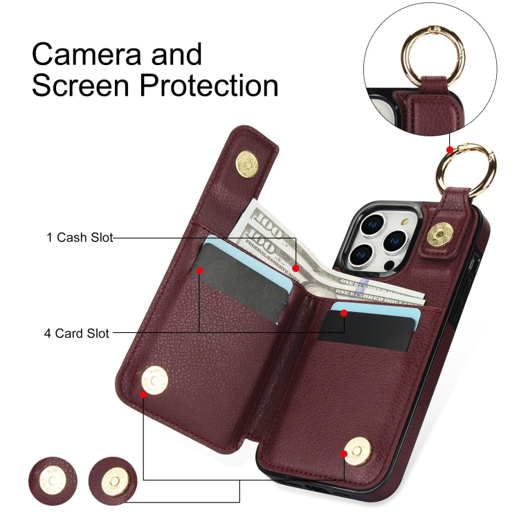 For iPhone 15 Pro Litchi Texture Zipper Double Buckle Card Bag Phone Case(Maroon Red) - iPhone 15 Pro Cases by buy2fix | Online Shopping UK | buy2fix
