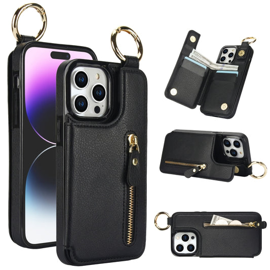 For iPhone 15 Pro Litchi Texture Zipper Double Buckle Card Bag Phone Case(Black) - iPhone 15 Pro Cases by buy2fix | Online Shopping UK | buy2fix