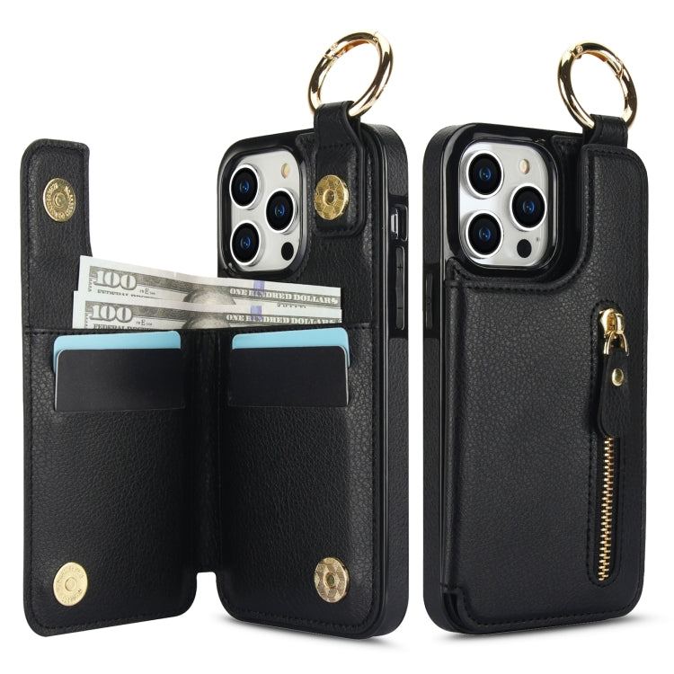 For iPhone 15 Pro Litchi Texture Zipper Double Buckle Card Bag Phone Case(Black) - iPhone 15 Pro Cases by buy2fix | Online Shopping UK | buy2fix