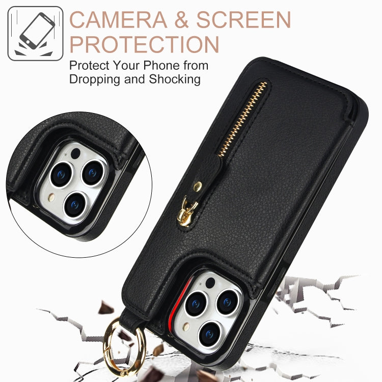 For iPhone 15 Pro Litchi Texture Zipper Double Buckle Card Bag Phone Case(Black) - iPhone 15 Pro Cases by buy2fix | Online Shopping UK | buy2fix