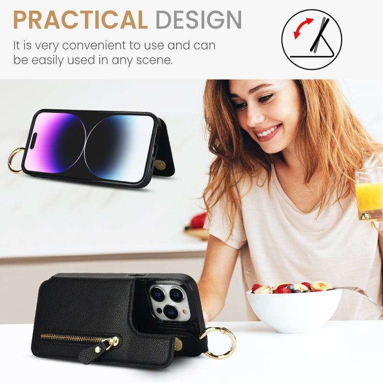 For iPhone 15 Pro Litchi Texture Zipper Double Buckle Card Bag Phone Case(Black) - iPhone 15 Pro Cases by buy2fix | Online Shopping UK | buy2fix