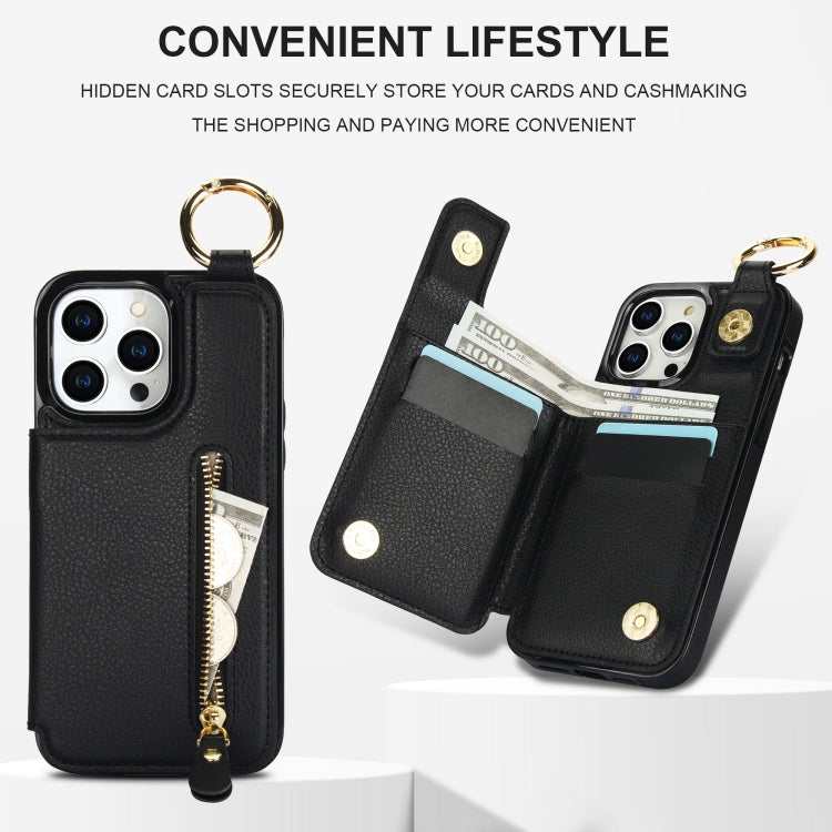For iPhone 15 Pro Litchi Texture Zipper Double Buckle Card Bag Phone Case(Black) - iPhone 15 Pro Cases by buy2fix | Online Shopping UK | buy2fix
