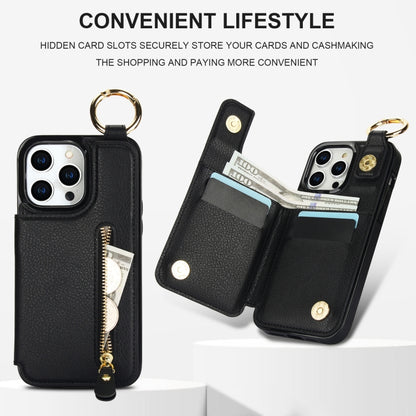 For iPhone 15 Pro Litchi Texture Zipper Double Buckle Card Bag Phone Case(Black) - iPhone 15 Pro Cases by buy2fix | Online Shopping UK | buy2fix