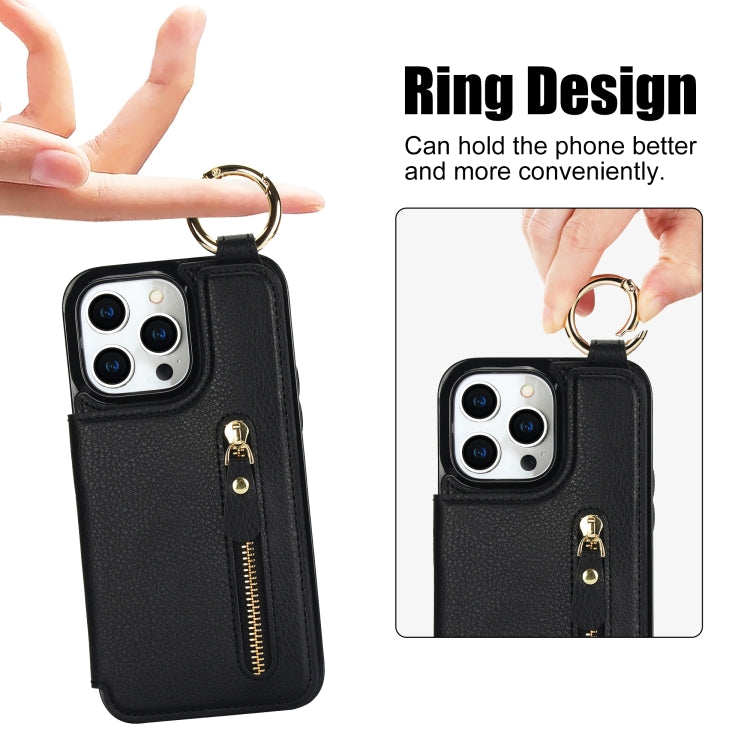 For iPhone 15 Pro Litchi Texture Zipper Double Buckle Card Bag Phone Case(Black) - iPhone 15 Pro Cases by buy2fix | Online Shopping UK | buy2fix