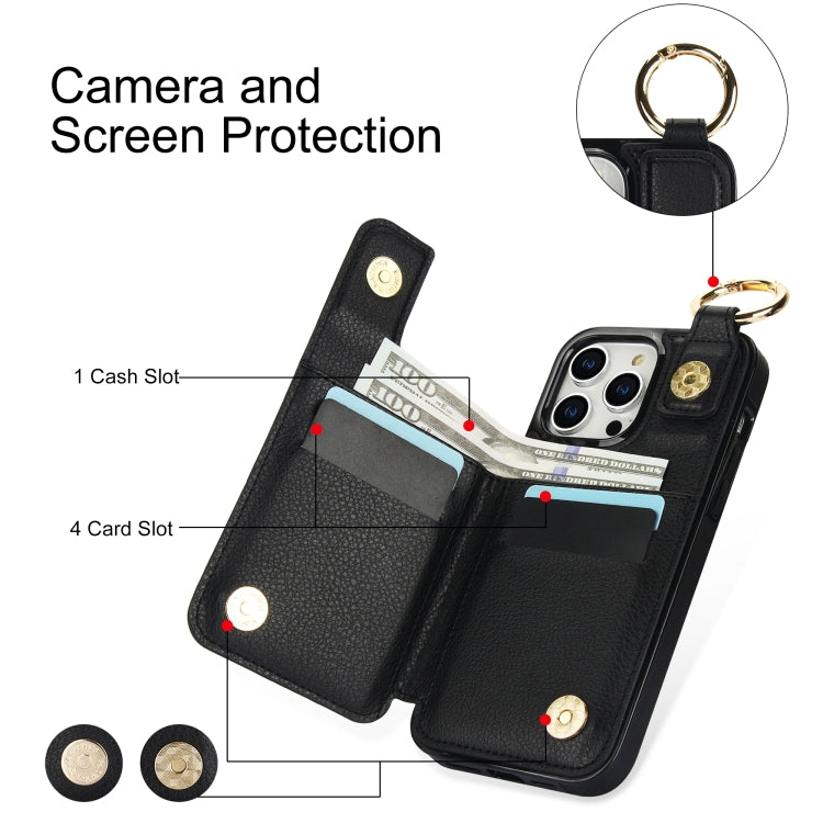 For iPhone 15 Pro Litchi Texture Zipper Double Buckle Card Bag Phone Case(Black) - iPhone 15 Pro Cases by buy2fix | Online Shopping UK | buy2fix