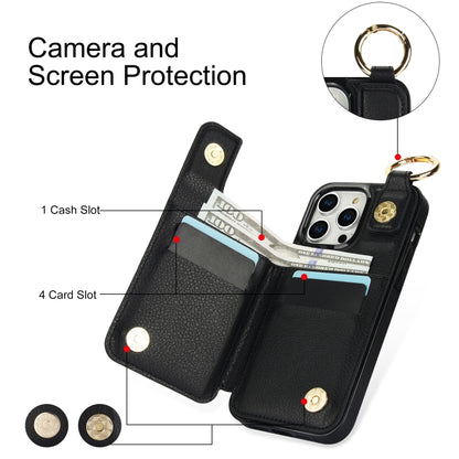 For iPhone 15 Pro Litchi Texture Zipper Double Buckle Card Bag Phone Case(Black) - iPhone 15 Pro Cases by buy2fix | Online Shopping UK | buy2fix