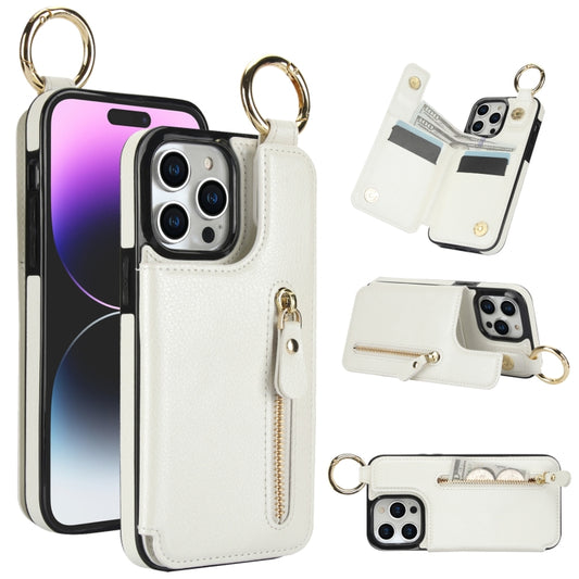 For iPhone 15 Pro Litchi Texture Zipper Double Buckle Card Bag Phone Case(White) - iPhone 15 Pro Cases by buy2fix | Online Shopping UK | buy2fix