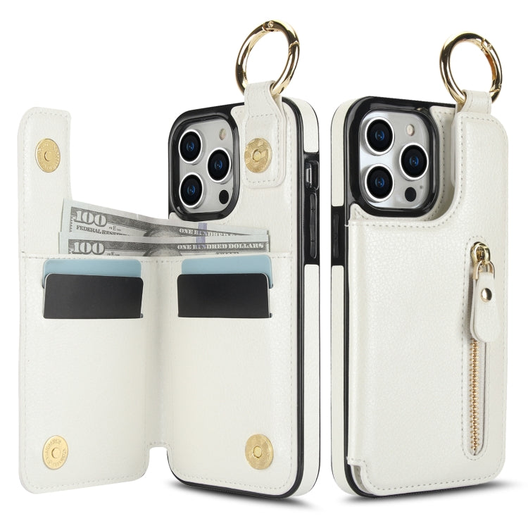 For iPhone 15 Pro Litchi Texture Zipper Double Buckle Card Bag Phone Case(White) - iPhone 15 Pro Cases by buy2fix | Online Shopping UK | buy2fix