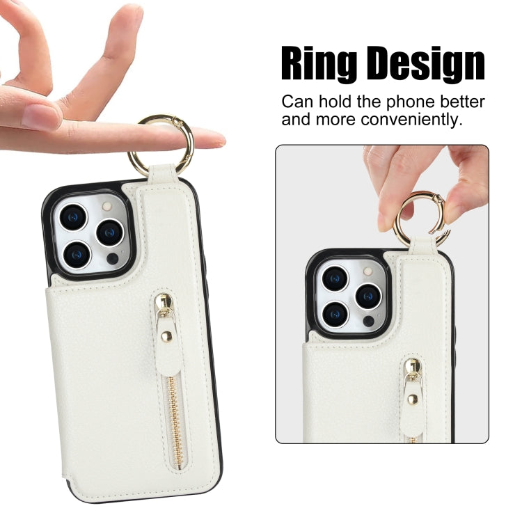 For iPhone 15 Pro Litchi Texture Zipper Double Buckle Card Bag Phone Case(White) - iPhone 15 Pro Cases by buy2fix | Online Shopping UK | buy2fix